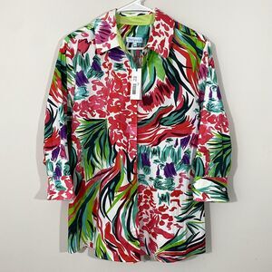 NEW PERLAVERA Multicolor Print 3/4 Sleeve Button Up Tunic Shirt Size XL